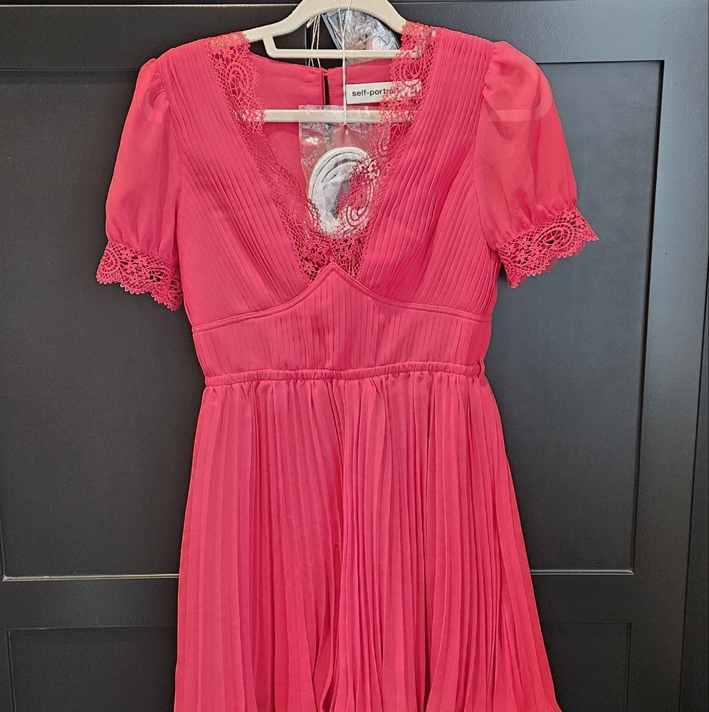 Self Portrait Red Chiffon Pleated Mini Dress